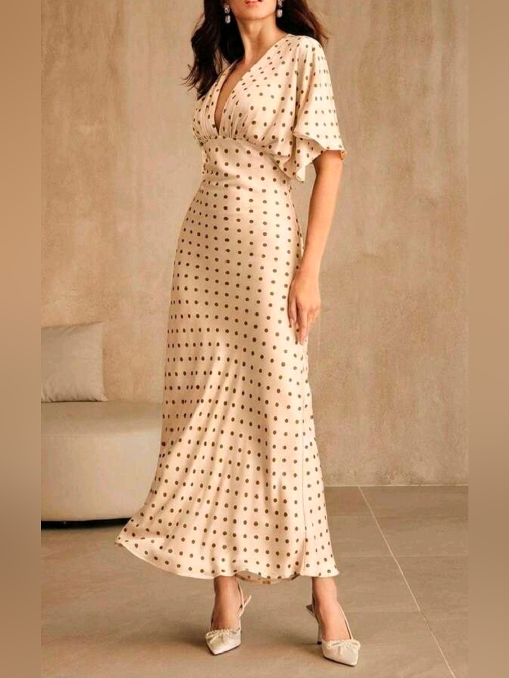 New Flowy Satin Dolman Sleeve High Waist Maxi Dress Cream Beige Tan Polka Dot